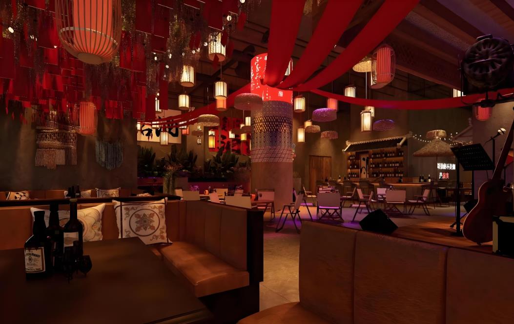 中式復古風格的民謠酒吧裝修設計效果圖